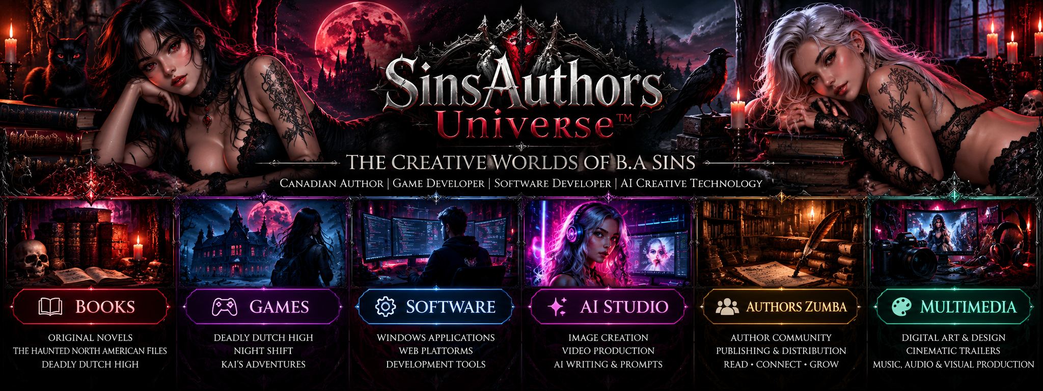 SinsAuthors Universe — creative worlds of B.A. Sins: books, games, software, AI studio, Authors Zumba and multimedia