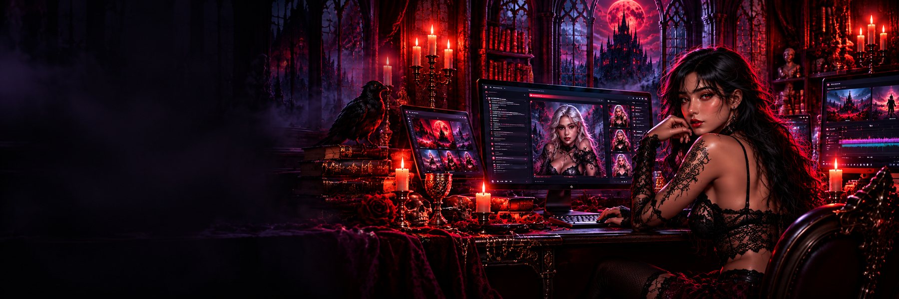 SinsAuthor AI Studio workstation in a candlelit gothic creative workshop