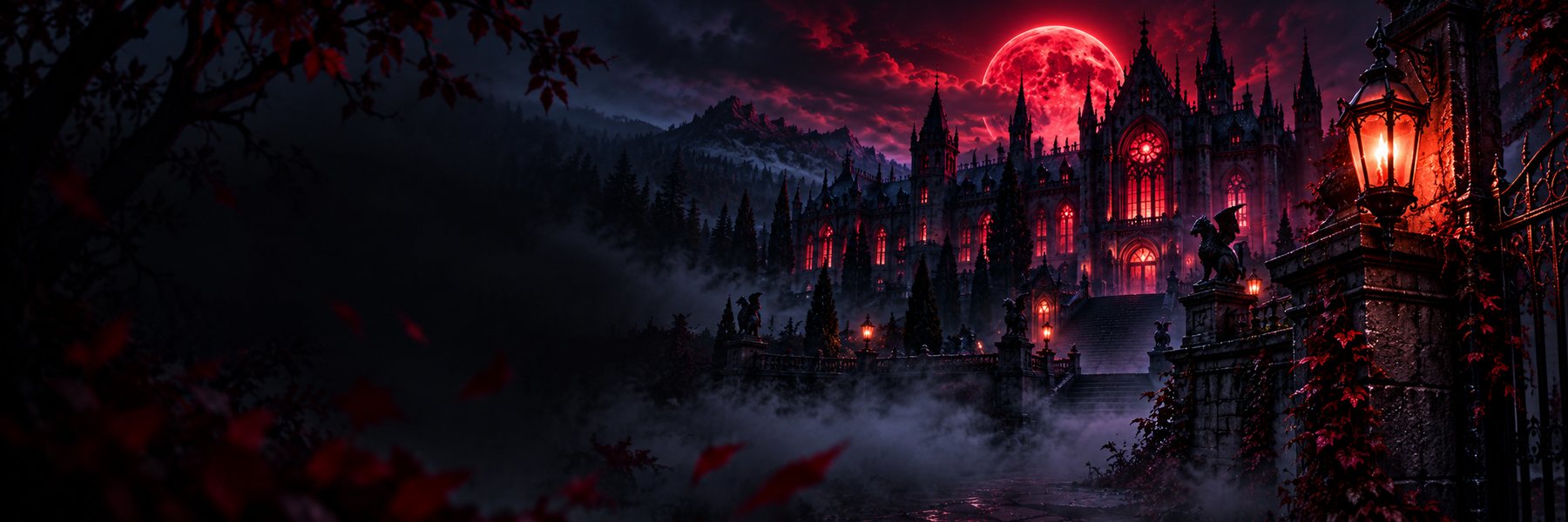 A crimson moon rising above a gothic academy in a dark forest