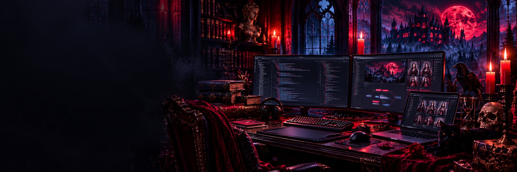 Gothic software development workstation with multiple displays, code and creative tools