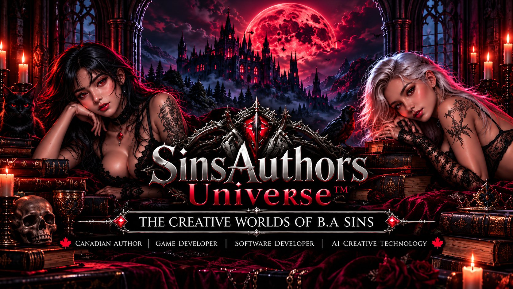 SinsAuthors Universe gothic banner: two women, a crimson moon, a dark castle and the SinsAuthors logo